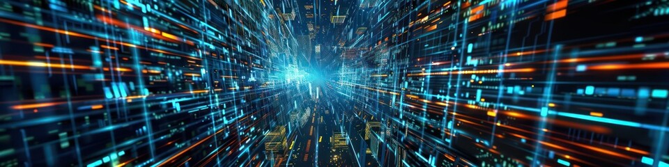wide background of futuristic dark color picture with optic fibers, visual data and vivid and flashy colors
