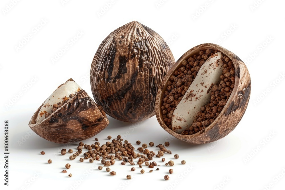 Aufkleber close-up of a nut shell with seeds on a white background. suitable for food and nutrition concepts