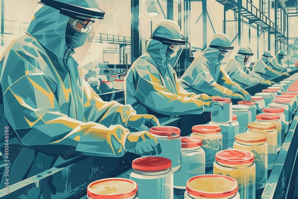 Poster a group of workers busy at work in a factory. ideal for industrial and manufacturing concepts