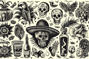A collection of different tattoos on a plain white background. Suitable for tattoo design concepts