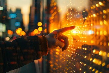 A hand is pointing at the stock trading board with sunlight