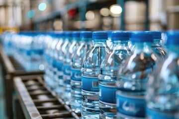 Bottled water bottles moving on a conveyor belt, suitable for industrial or manufacturing concepts