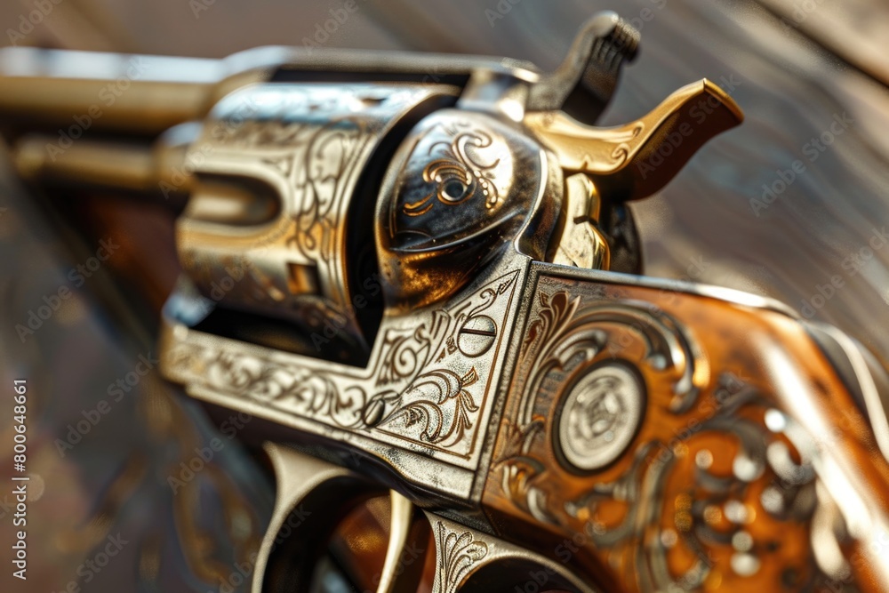 Poster a close up of a gun on a table. suitable for crime and security concepts