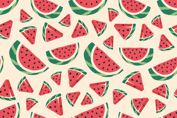 Watermelon slices. Sweet tropical fruit. Healthy vegetarian organic food. Watermelon seamless pattern. Vector illustration for wallpaper, textile, print