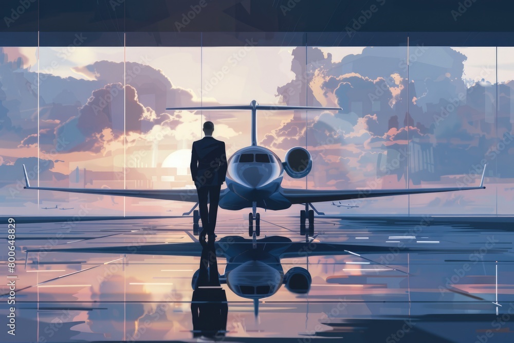 Poster man standing in front of an airplane on a runway, suitable for travel concepts