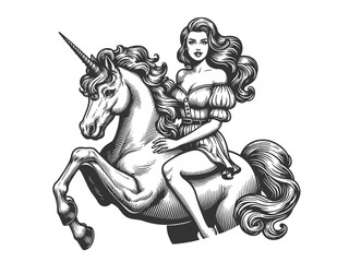 Obraz premium glamorous woman in vintage clothing riding a mythical unicorn sketch engraving generative ai fictional character vector illustration. Scratch board imitation. Black and white image.