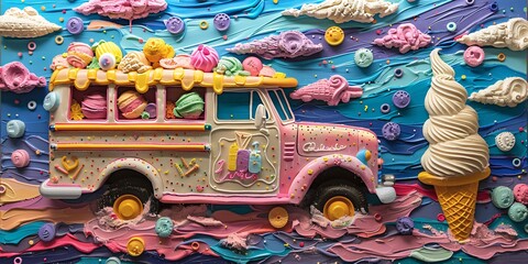 A colorful ice cream truck illustration with assorted candies and a large ice cream cone on a vibrant, textured background