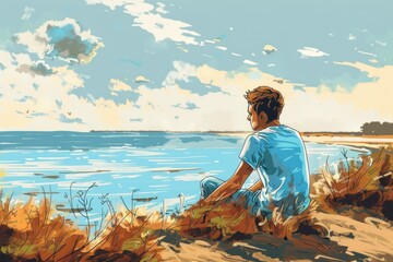 A peaceful scene of a man sitting on the beach, perfect for travel and relaxation concepts