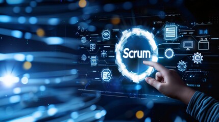 A hand touching an AI digital screen with productivity icons and the word Scrum