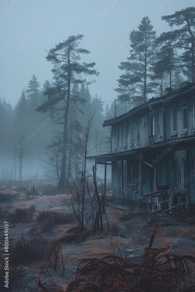 Poster a house standing in the middle of a field, with trees in the background. suitable for real estate or