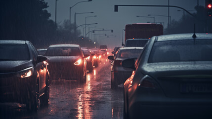 Cars stand in a traffic jam during a rainstorm. Concept