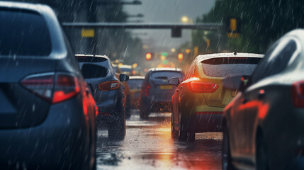 Cars stand in a traffic jam during a rainstorm. Concept
