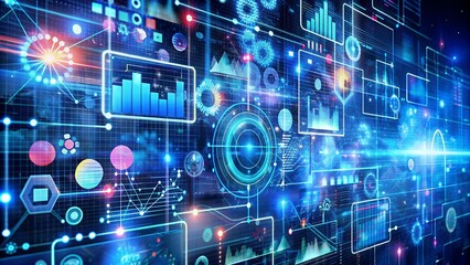 This image showcases an intricate technology interface with holographic projections and digital data screens, symbolizing advanced computing and information networks