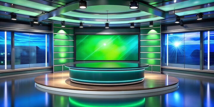 An advanced virtual television studio set featuring an empty green screen, elegant design, and cityscape backdrop