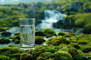 Glass of water sitting on moss covered ground. Suitable for nature and environment themes