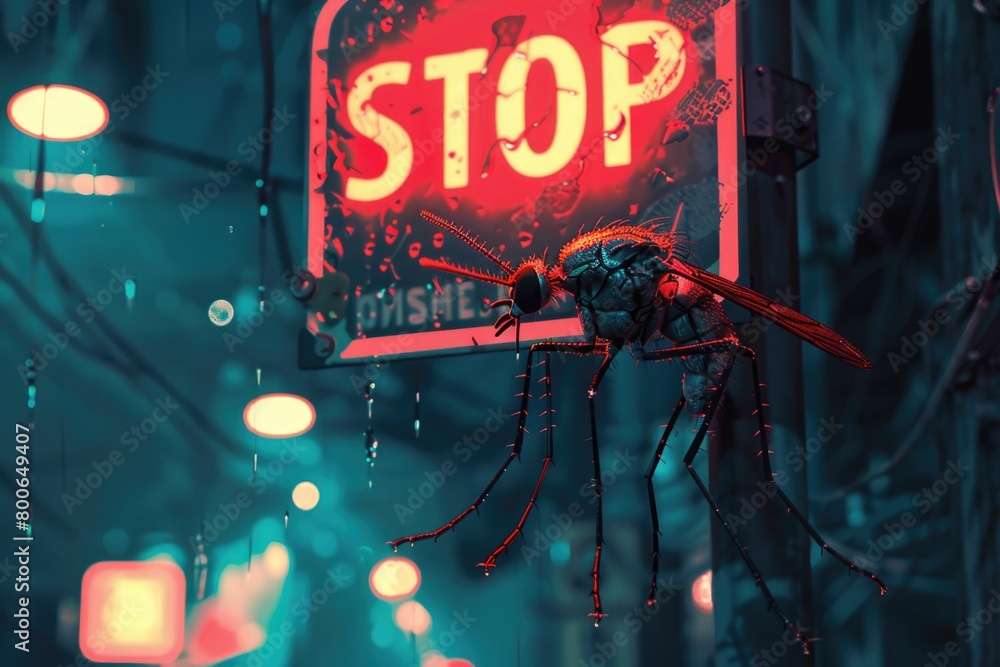 Aufkleber a stop sign with a bug hanging from it, suitable for road safety concepts