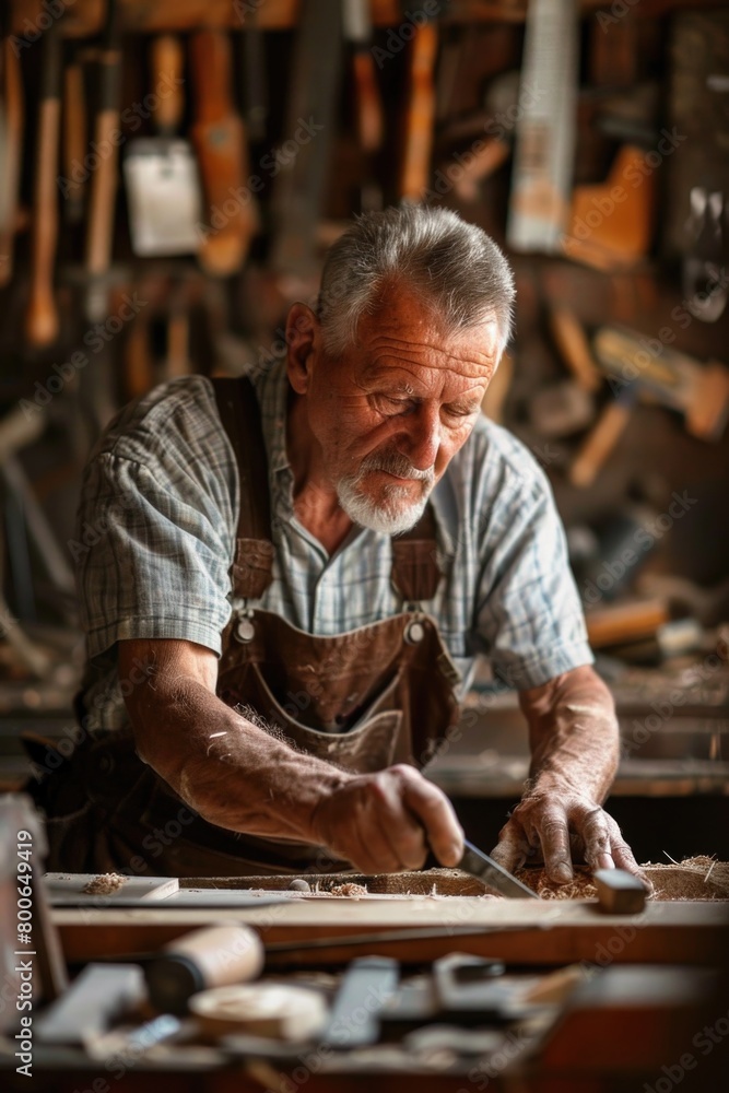 Poster a man working on a piece of wood in a workshop. ideal for showcasing craftsmanship
