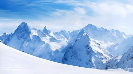 Panoramic view of snow-capped mountains under blue sky with clouds