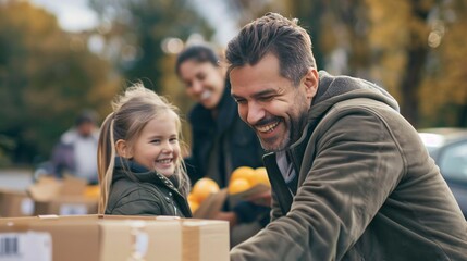 a handsome man and his daughter smiled as they opened their food boxes at the community service event