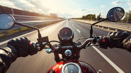 Obraz premium Person riding a motorcycle on a highway, suitable for travel concepts