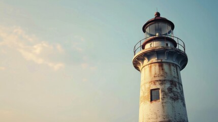 A white lighthouse with a red top against a blue sky. Ideal for travel and navigation concepts