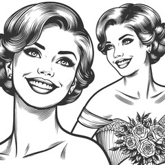 Happy bride sketch engraving generative ai fictional character vector illustration. Scratch board imitation. Black and white image.