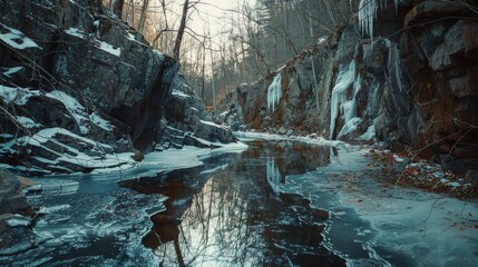 A tranquil stream flowing through a snowy forest. Suitable for nature and winter themed projects