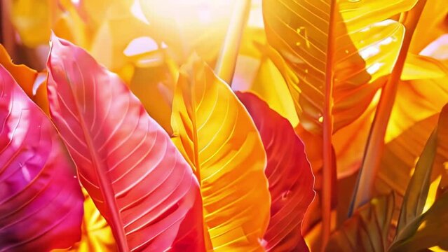 trendy summer Bali style floral patter background , colorful leaves palm shape art video wallpaper. Summer colors botanical tropical leaves ,sun light and shadows, pink, yellow lea .