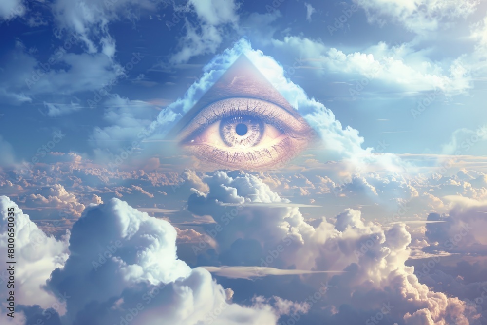 Poster a striking image of an eye surrounded by fluffy clouds. ideal for illustrating concepts of vision, c