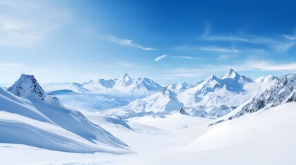 Fototapeta na wymiar Winter mountains panorama with snowdrifts and blue sky with clouds