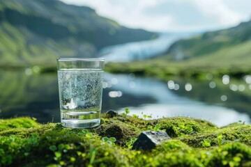 Clear glass of water on green moss covered rock. Perfect for nature and relaxation concepts