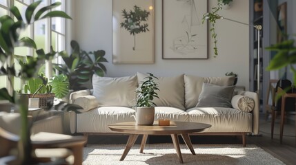 A cozy living room filled with furniture and plants. Perfect for home decor and interior design concepts
