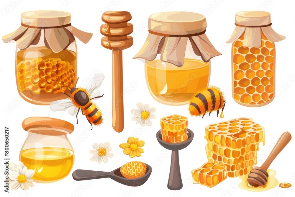 Aufkleber close-up of honey jars with honey and honeycombs. perfect for food and agriculture concepts
