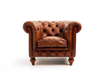 A Chesterfield chair upholstered in soft and supple leather, inviting you to sink in and unwind, isolated on solid white background.