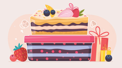 Plastic lunch box with tasty bento cake and gifts 