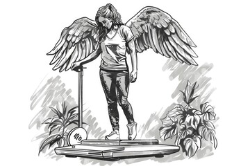 Woman standing on a scale with wings, suitable for health and fitness concepts