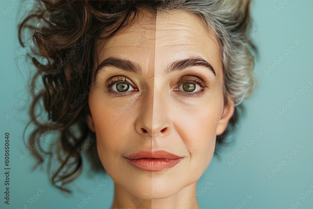 Poster premature aging treatments focus on laugh lines and skincare tips, integrating facial comparisons wi