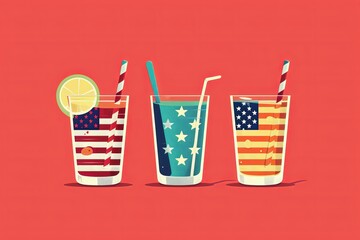 minimalistic flat illustration of  drinks decorated in the USA flag colors