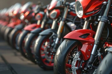 A row of red motorcycles parked next to each other. Ideal for transportation and motorbike enthusiasts