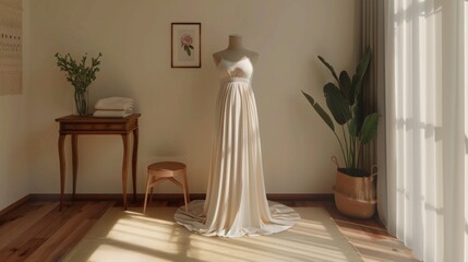 Sunlit Bridal Gown on Display in Cozy Room