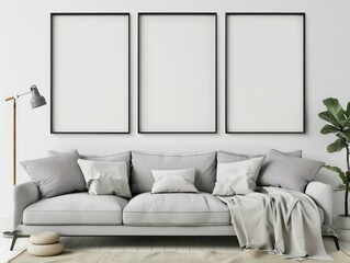 empty poster frames on a white wall in a modern interior apartment, nice and light colors