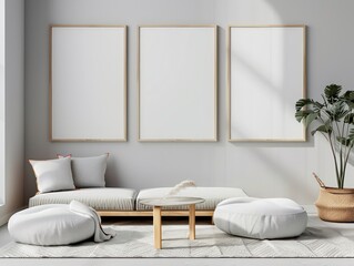 empty poster frames on a white wall in a modern interior apartment, nice and light colors
