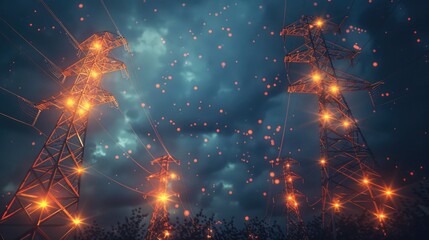 A group of electrical towers with lights on them. Suitable for industrial and technology concepts