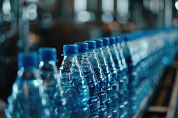 Bottled water bottles moving on a conveyor belt, suitable for manufacturing or production concepts