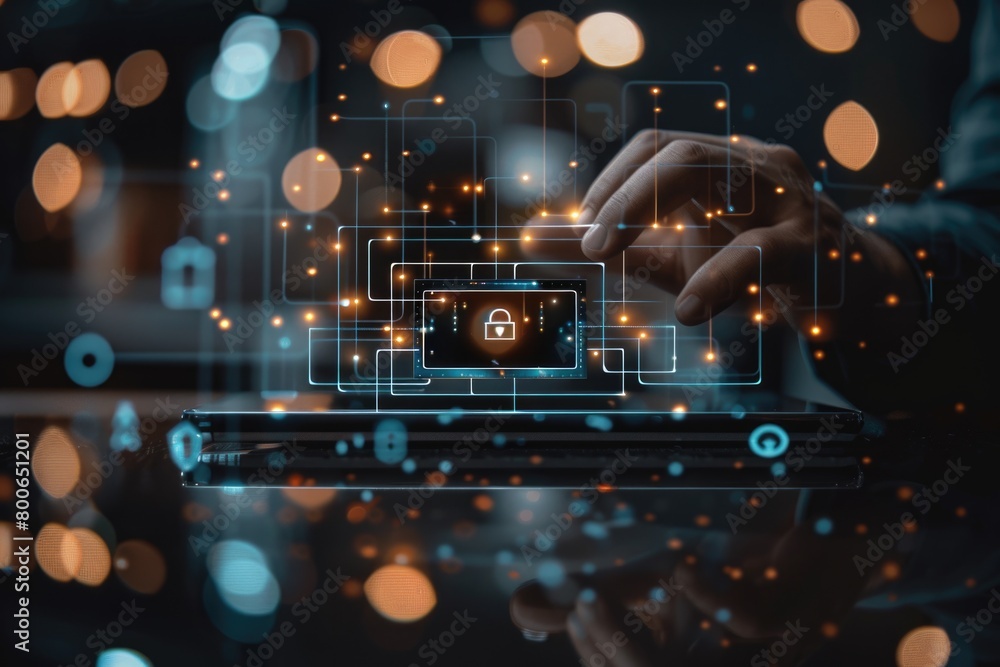 Aufkleber person using laptop with lock screen, suitable for cybersecurity concepts
