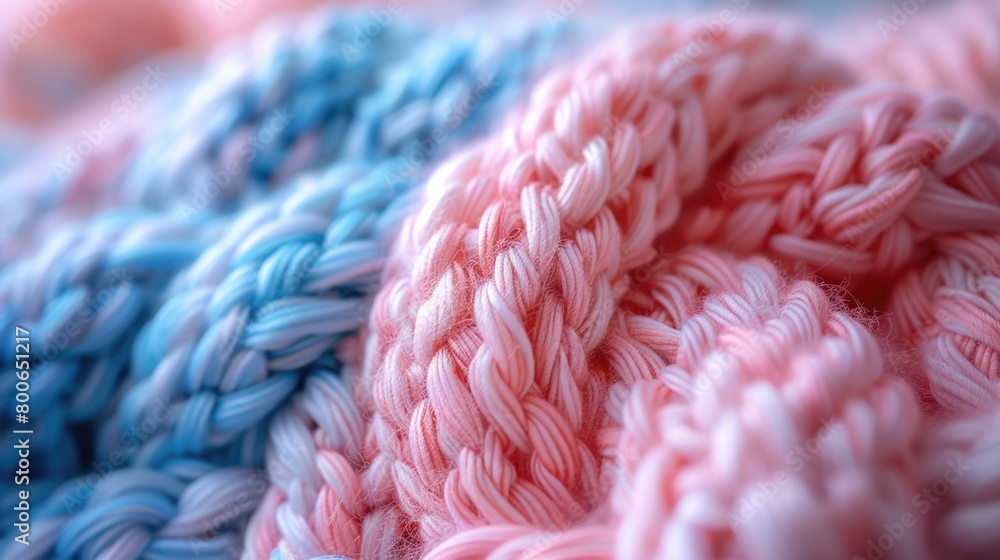 Poster Detailed view of a knitted blanket, showcasing its soft texture and intricate patterns up close.