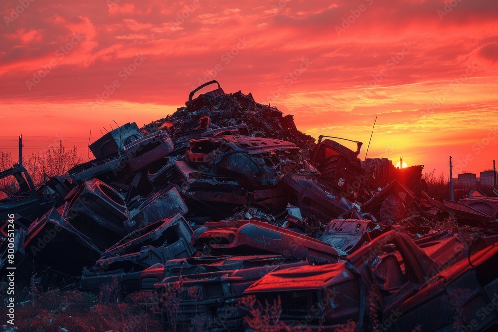Poster a pile of junk sitting on top of a field. can be used for environmental or industrial themes