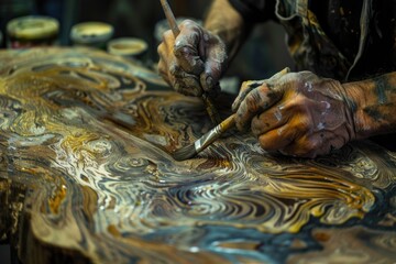 Close up of a person working on a piece of wood. Suitable for woodworking or craftsmanship concepts