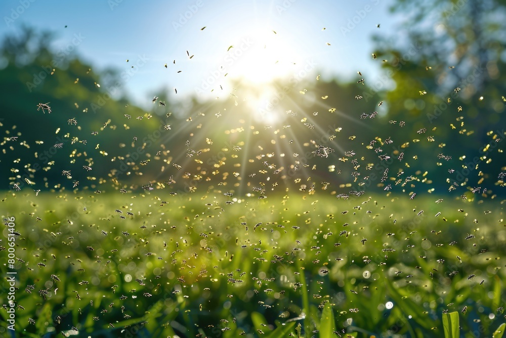 Poster A field of grass with bugs flying around. Suitable for nature and insect-related projects