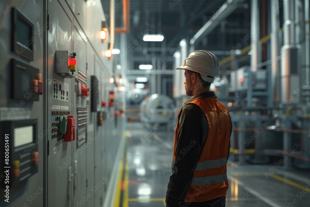 Poster a man standing in front of a control panel, suitable for technology concepts